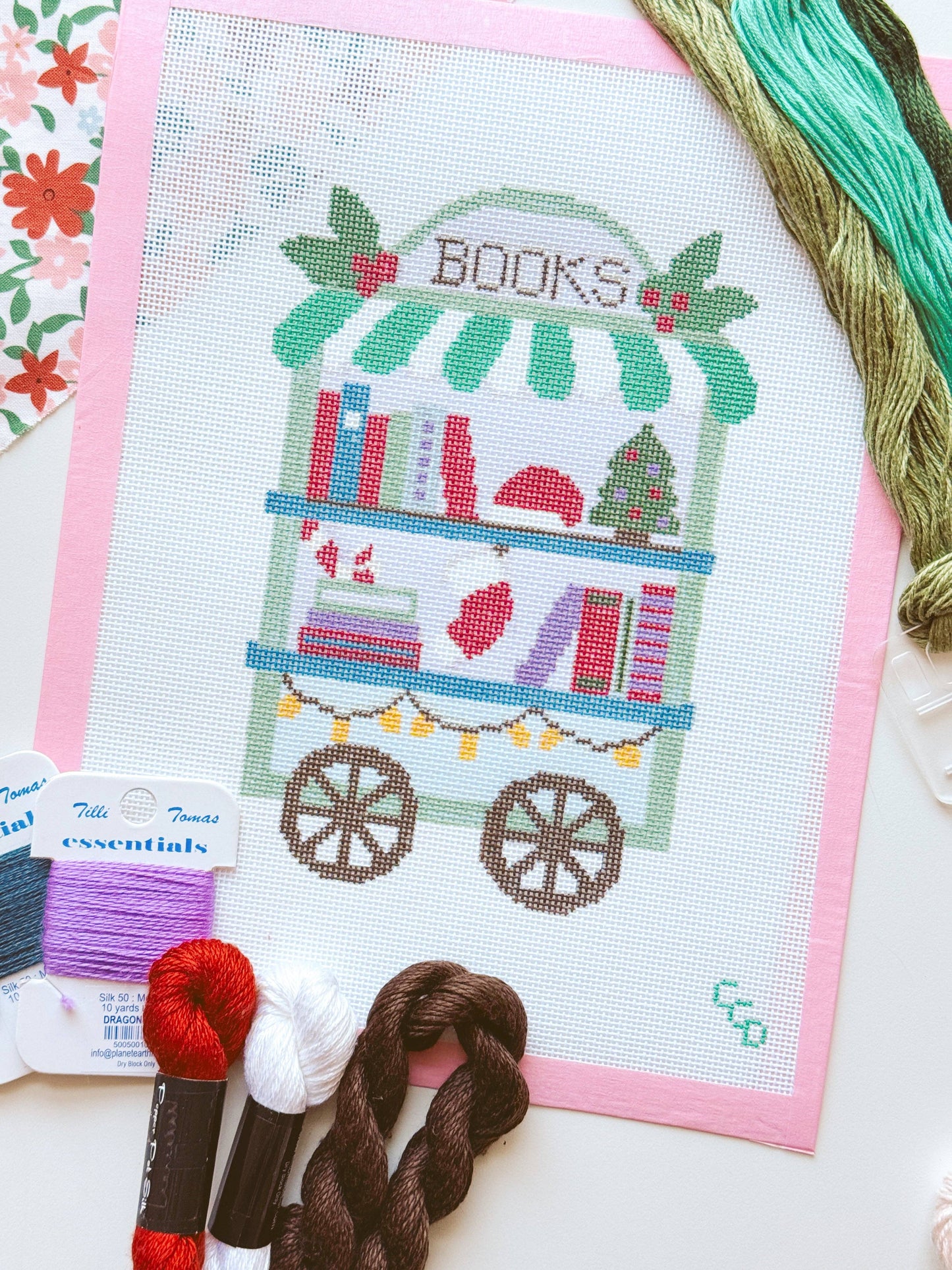 Christmas Book Trolley Cart Needlepoint Canvas 18 Mesh 5βx7β Design, Modern Christmas Bookish Neexlepoint