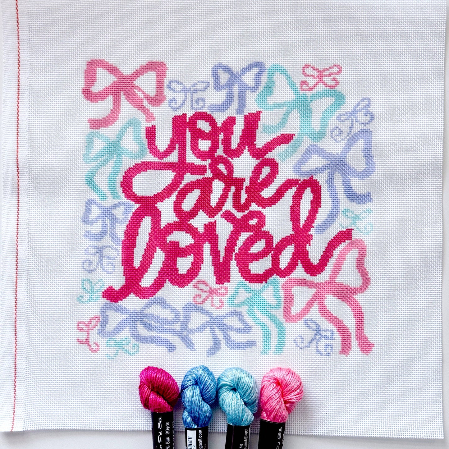 You Are Loved Needlepoint Canvas – 18 Mesh Zweigart Mono Deluxe, 8x8.2" Design on 12x12.2" Hand-Painted Pastel Bow Quote