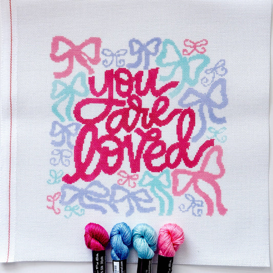 You Are Loved Needlepoint Canvas – 18 Mesh Zweigart Mono Deluxe, 8x8.2" Design on 12x12.2" Hand-Painted Pastel Bow Quote