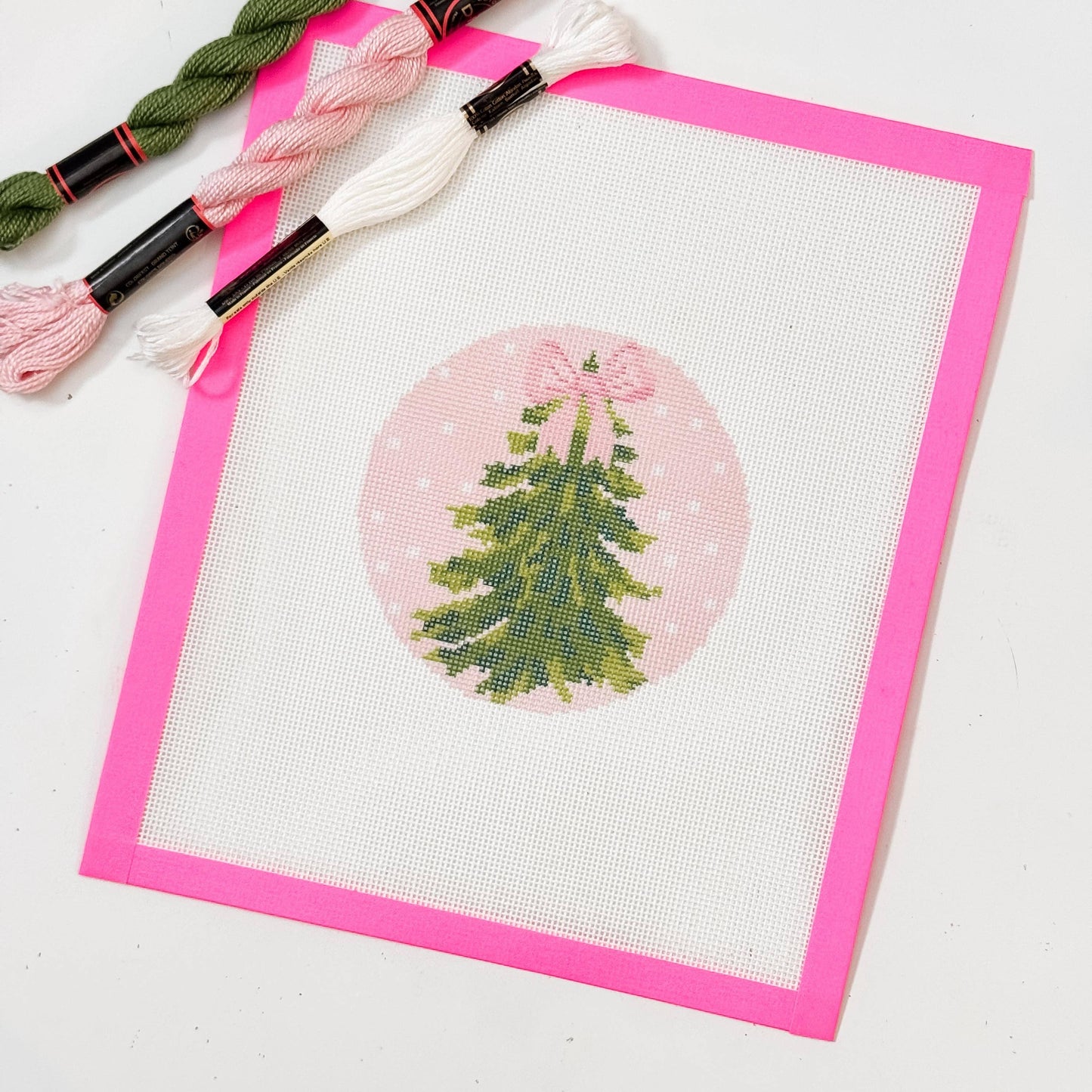 Pink Bow Christmas Tree 4” Needlepoint Ornament Canvas