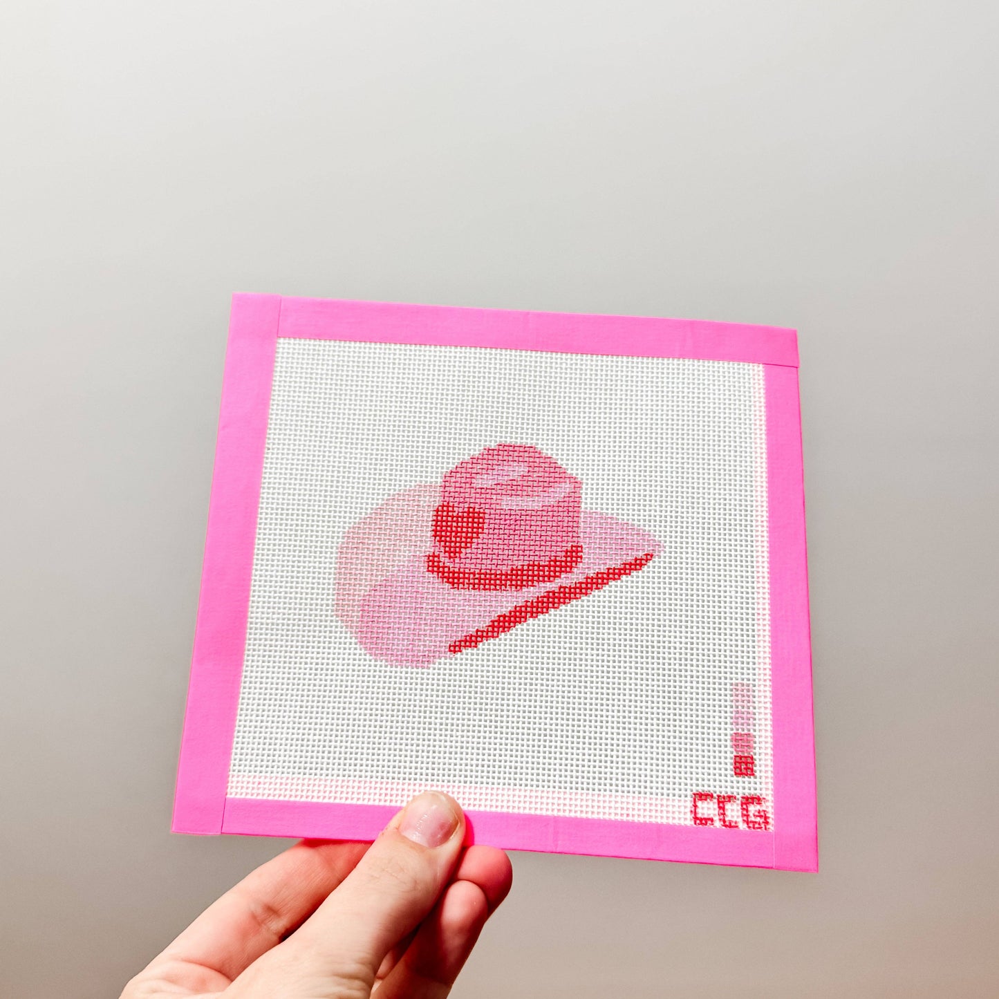 Hand-Painted Pink Cowgirl Hat Needlepoint Canvas | 3” Canvas | 18 Mesh Southern Charm Design