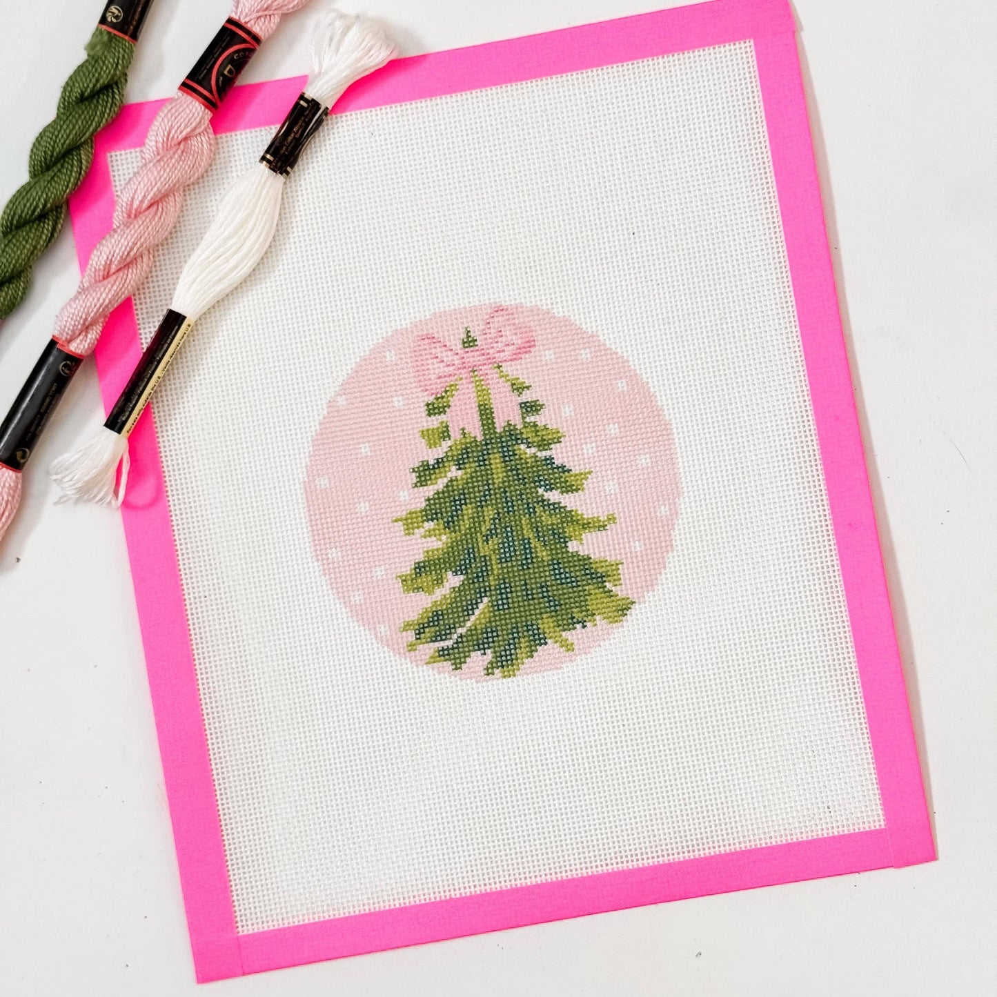 Pink Bow Christmas Tree 4” Needlepoint Ornament Canvas