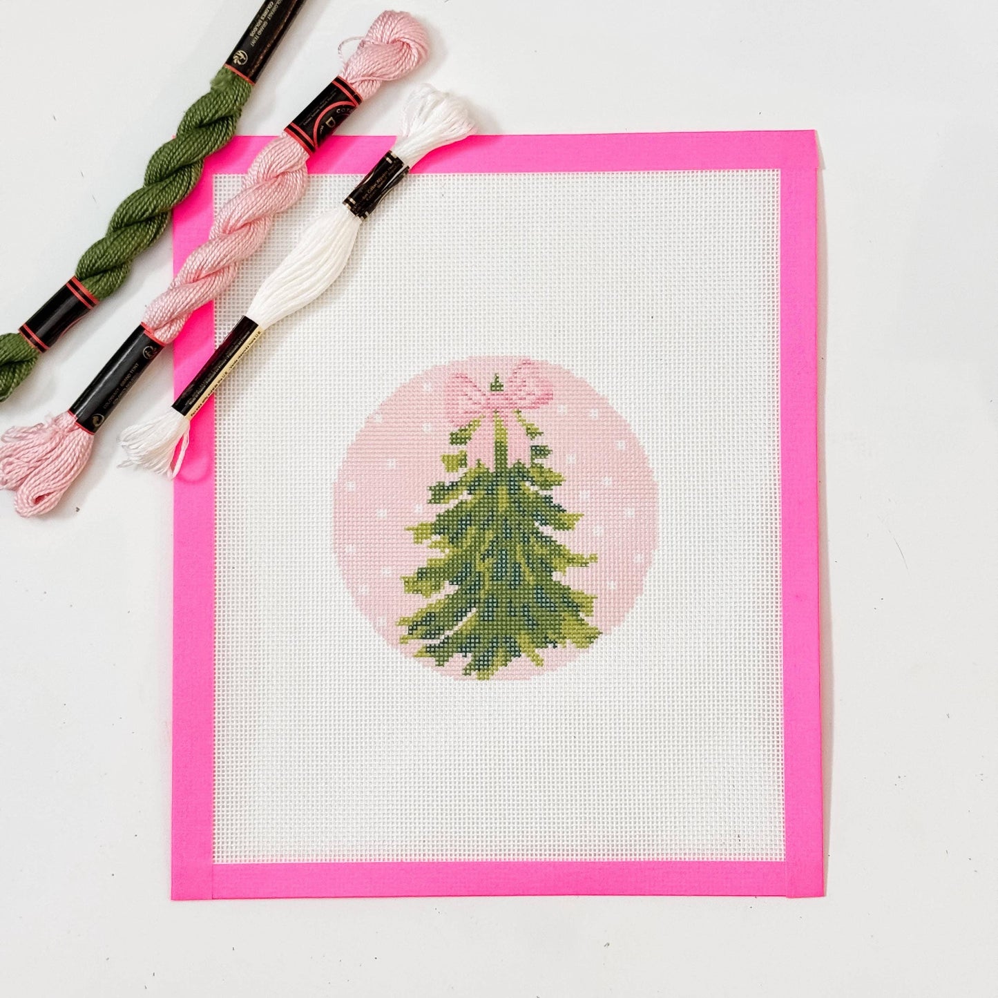 Pink Bow Christmas Tree 4” Needlepoint Ornament Canvas